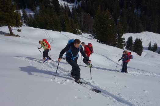 Vier Leute auf der Schnupperskitour beim üben der Spitzkehre