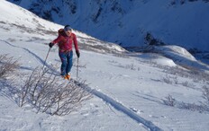 Eine Skitourengaengerin folgt der Aufstiegsspur zum Zwitscherchopf